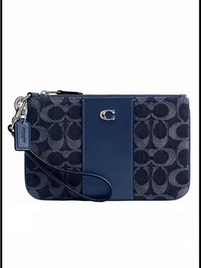 Coach Blue Signature Essential Canvas Small Wristlet with Leather Panel
